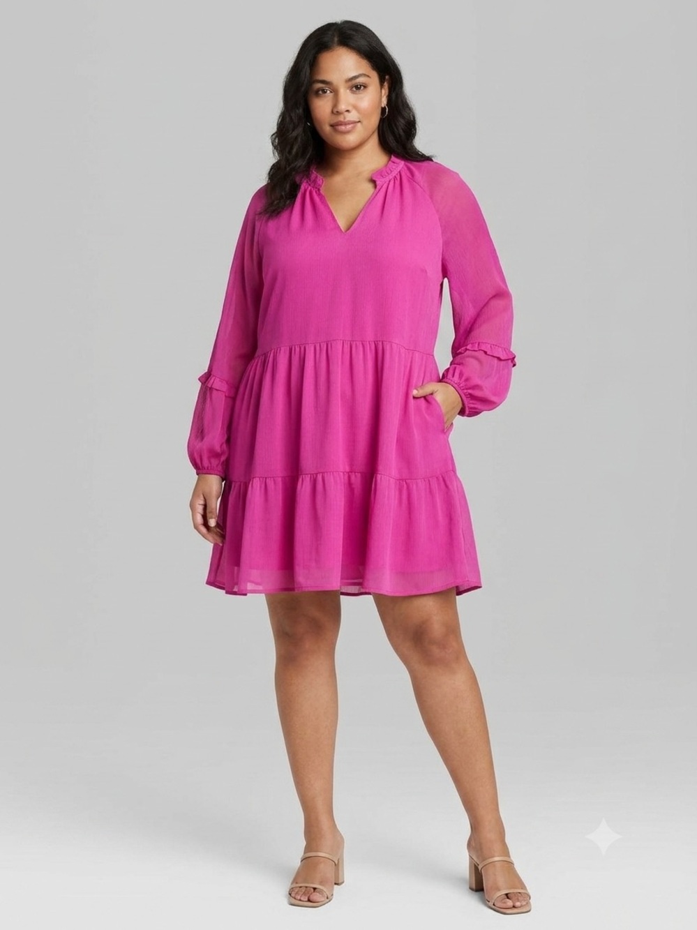 Vince Camuto Fuchsia Ruffle V-Neck Long Sleeve Mini Dress, Women’s Size Large